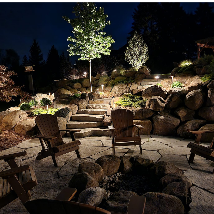 Backyard outdoor living lighting illuminating patio seating and landscaping in Southeast Wisconsin Backyard outdoor living lighting illuminating patio seating and landscaping in Southeast Wisconsin